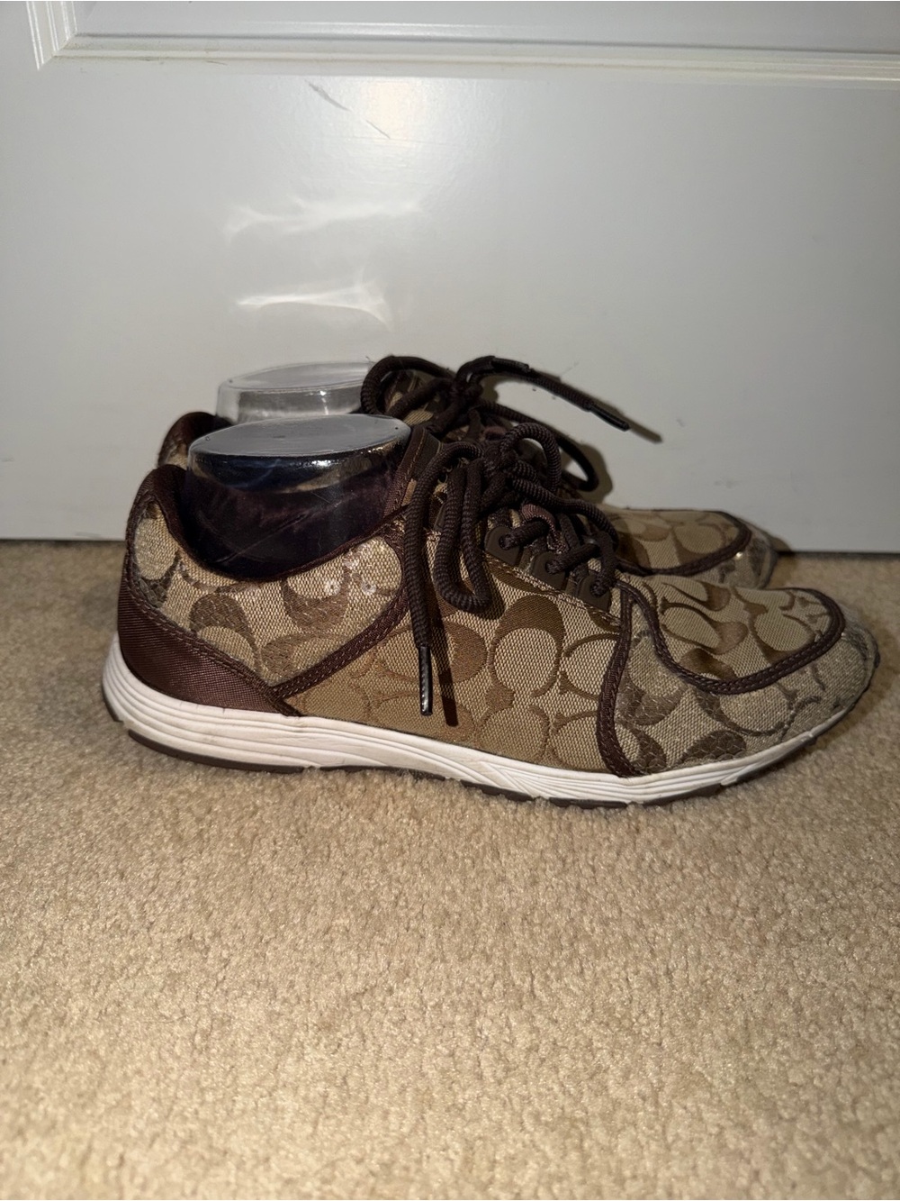 Coach Karine Women’s 9M Signature C Brown Sequin Lace Up Sneakers A2623
